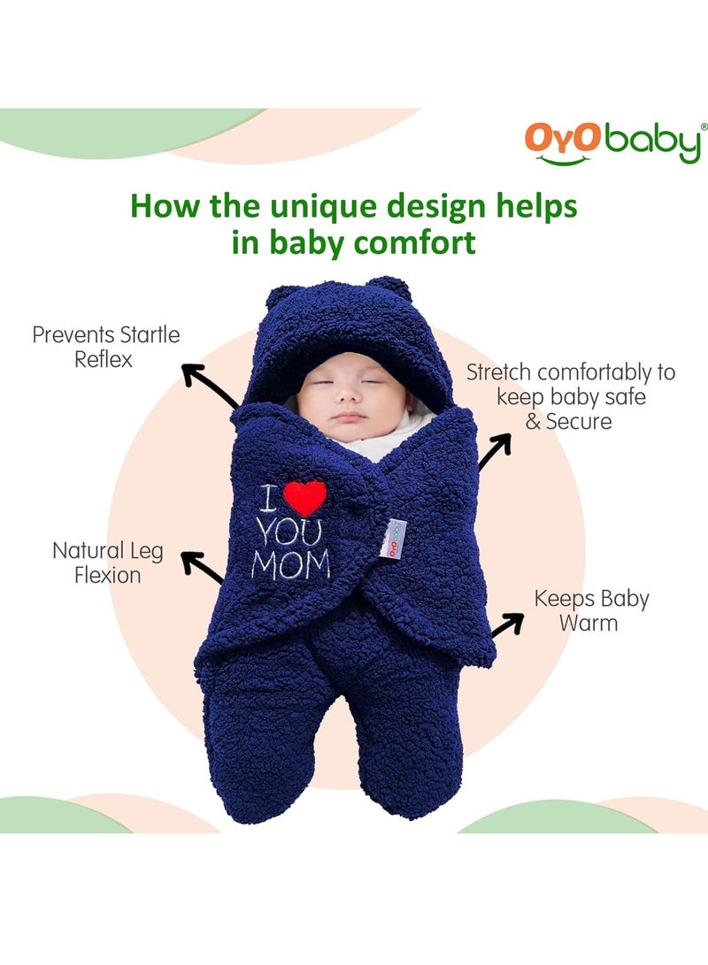 OYO BABY Newborn Hooded Baby Blanket with Embroidery – Wearable Wrapper Sleeping Bag (0-6 Months, Dark Blue, I Love MOM) - Image 5