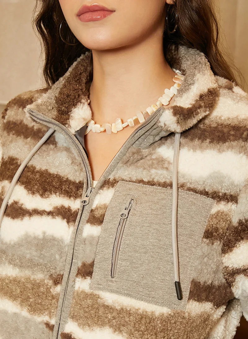كامبوس سوترا Women's Light Grey & Chocolate Brown Camouflage Sherpa Zip-Front Jacket