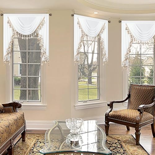 VOGOL Luxury Sheer Waterfall Valance for Windows 39 Inches Wide White Swag Curtains for Wedding Party Small Windows Vintage Style Voile Window Topper 1 Panel - Image 3