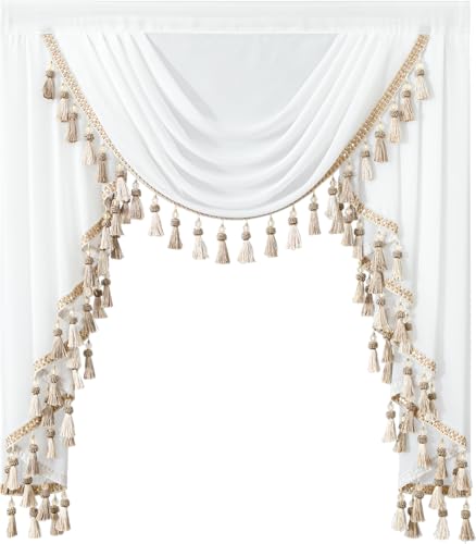 VOGOL Luxury Sheer Waterfall Valance for Windows 39 Inches Wide White Swag Curtains for Wedding Party Small Windows Vintage Style Voile Window Topper 1 Panel - Image 1