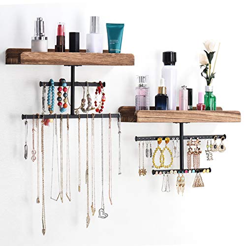 Keebofly Hanging Wall Mounted Jewelry Organizer with Rustic Wood Jewelry Holder Display for Necklaces Bracelet Earrings Ring Set of 2 Carbonized Black,[Patented] - Image 1