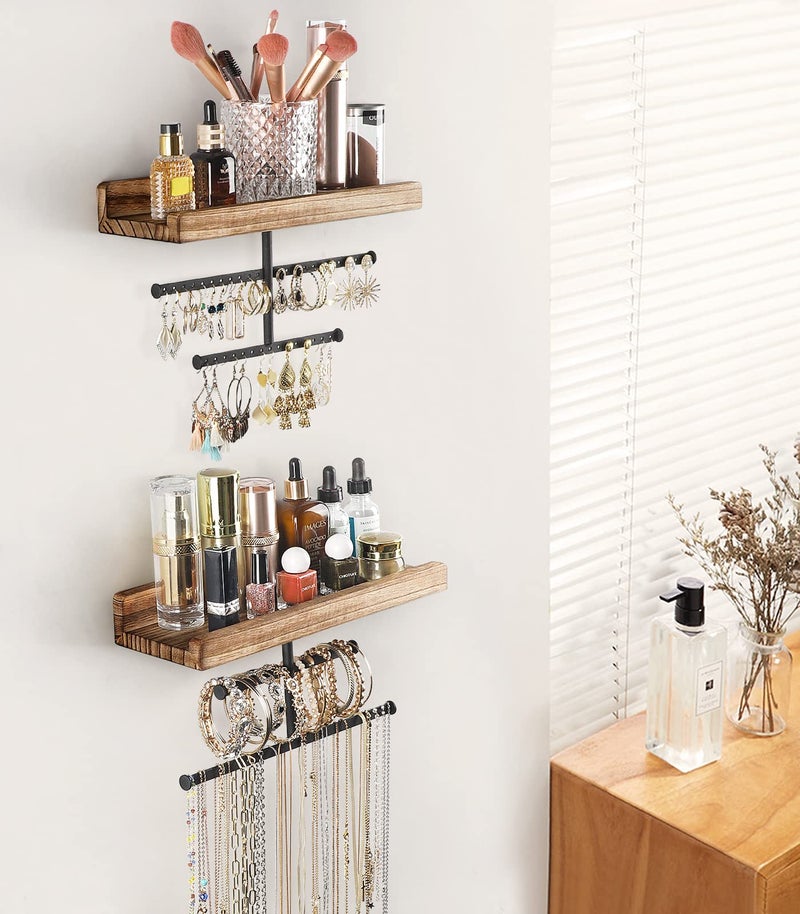 Keebofly Hanging Wall Mounted Jewelry Organizer with Rustic Wood Jewelry Holder Display for Necklaces Bracelet Earrings Ring Set of 2 Carbonized Black,[Patented] - Image 2