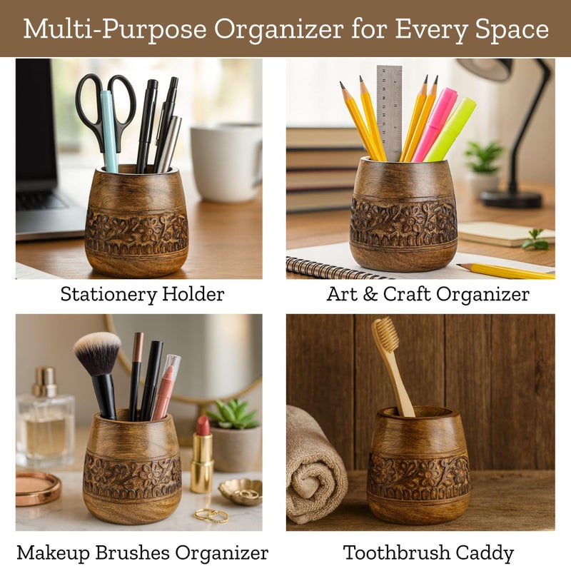 Mie Creations Designer Pencil Holder for Desk Wood | Wooden Pen Stand, Paintbrush Cup, Desk Accessories, Cute Make Up Brush Organizers | Office Desktop Stationery, Christmas Holidays Gift- 4'' Brown - Image 4