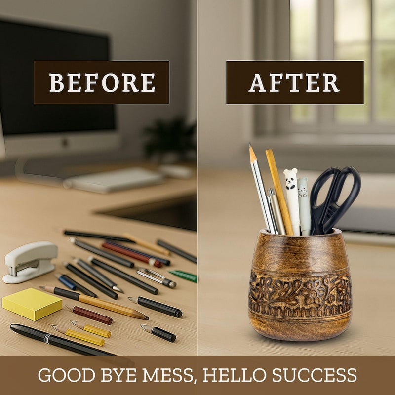 Mie Creations Designer Pencil Holder for Desk Wood | Wooden Pen Stand, Paintbrush Cup, Desk Accessories, Cute Make Up Brush Organizers | Office Desktop Stationery, Christmas Holidays Gift- 4'' Brown - Image 3