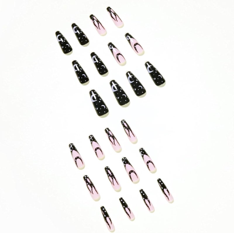 24 قطعة ضغط نعش طويل على تابوت الأظافر أسود فرنسي أظافر مزيفة من الأكريليك غطاء كامل أظافر صناعية للنساء والفتيات - Image 2