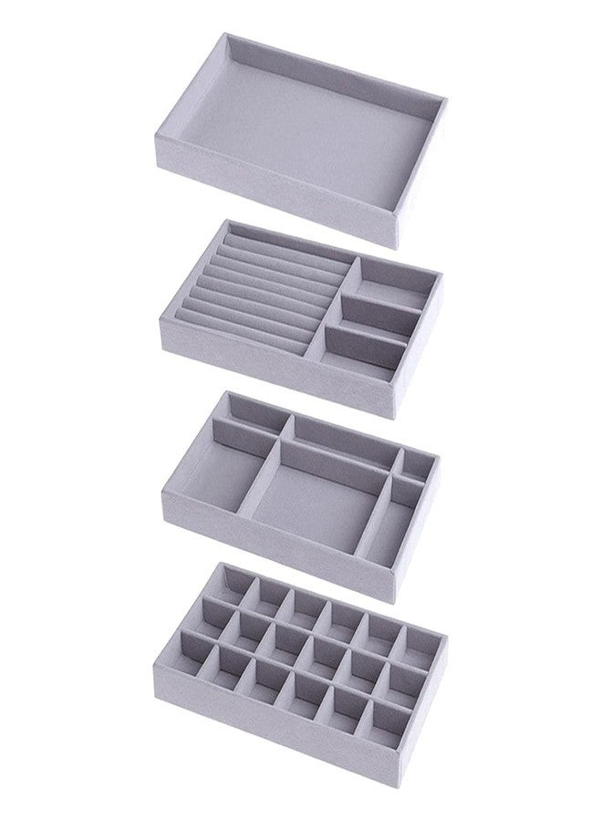 OTIPORTER Set of 4 Jewellery Divider Storage Compartments Stackable Display Box, Velvet Jewellery Drawer Organiser, Jewellery Inserts Tray for Drawer (Grey) - Image 5