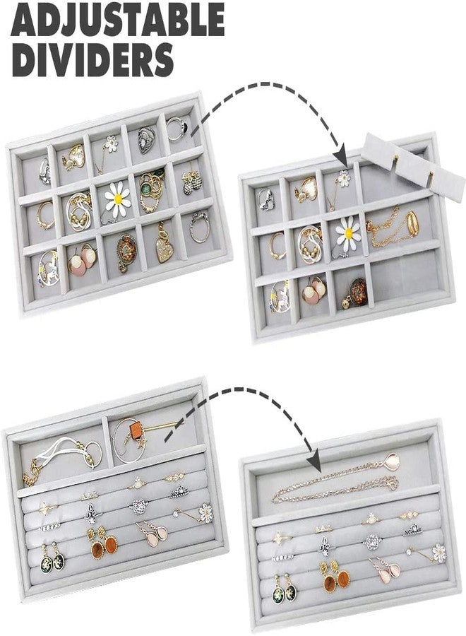 OTIPORTER Set of 4 Jewellery Divider Storage Compartments Stackable Display Box, Velvet Jewellery Drawer Organiser, Jewellery Inserts Tray for Drawer (Grey) - Image 3
