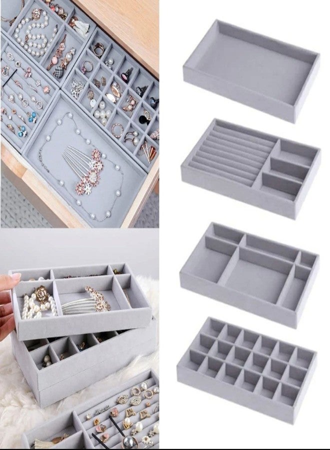 OTIPORTER Set of 4 Jewellery Divider Storage Compartments Stackable Display Box, Velvet Jewellery Drawer Organiser, Jewellery Inserts Tray for Drawer (Grey) - Image 4