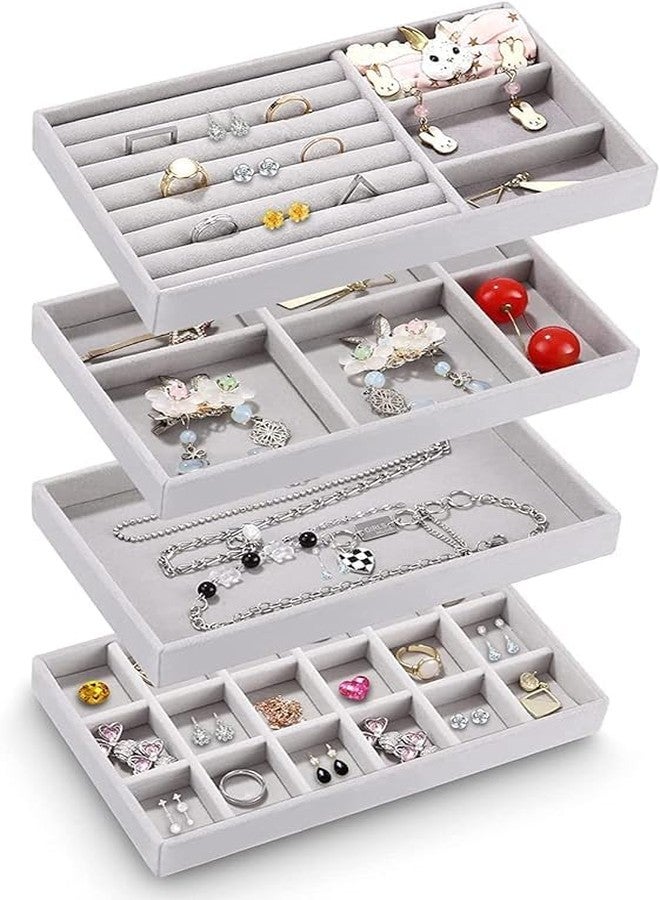 OTIPORTER Set of 4 Jewellery Divider Storage Compartments Stackable Display Box, Velvet Jewellery Drawer Organiser, Jewellery Inserts Tray for Drawer (Grey) - Image 1