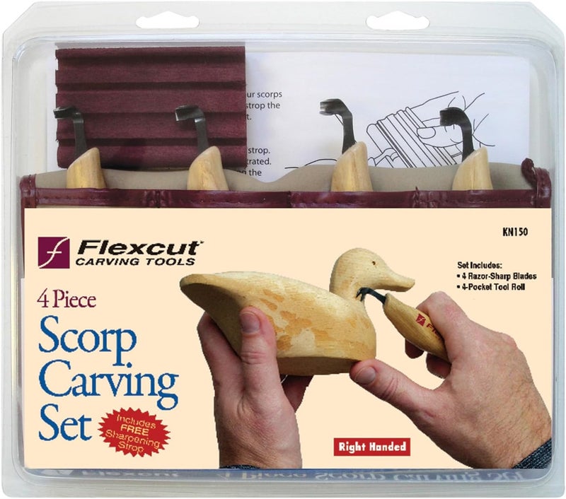 FLEXCUT Wood Carving Tools | Right-Handed Scorp Set of 4 | Razor-Sharp 1095 High Carbon Steel Blades | 4-Pocket Tool Roll Included | KN150 | Made in the U.S.A. - Image 2