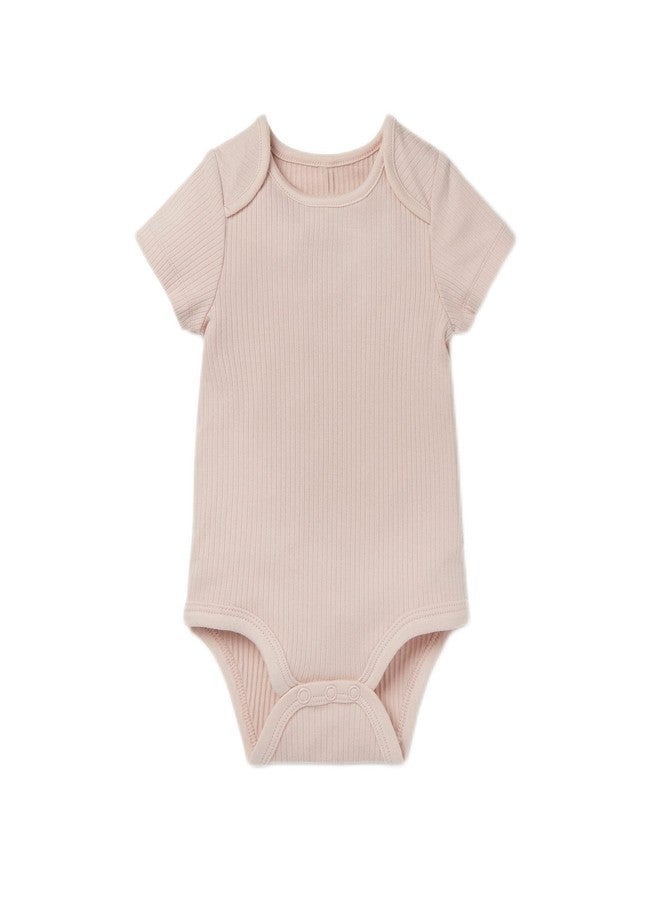 MORI Baby Short Sleeve Bodysuit in Ribbed Blush with Envelope Neck and Nickel Free Poppers - Unisex Bodysuit - Newborn - Image 1