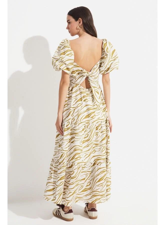 JUNE June Women Floral Patterned A-Cut Watermelon Sleeve Maxi Dress Beige