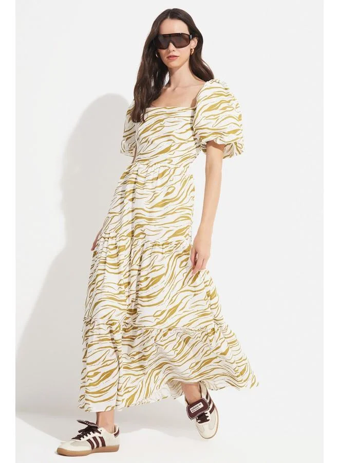 JUNE June Women Floral Patterned A-Cut Watermelon Sleeve Maxi Dress Beige