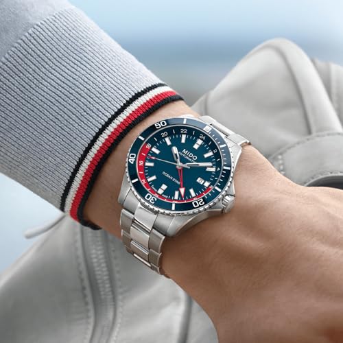 MIDO Ocean Star GMT - Swiss Automatic Watch for Men - 44mm Stainless Steel Case with Blue and Red Ceramic Rotating Bezel - Blue Dial - Stainless Steel Bracelet - M0266291104100 - Image 3