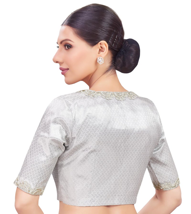 Studio Shringaar Women's Elbow Length Sleeves Brocade Embroidered V-Neck Readymade Saree Blouse (Sliver, 42) - Image 2