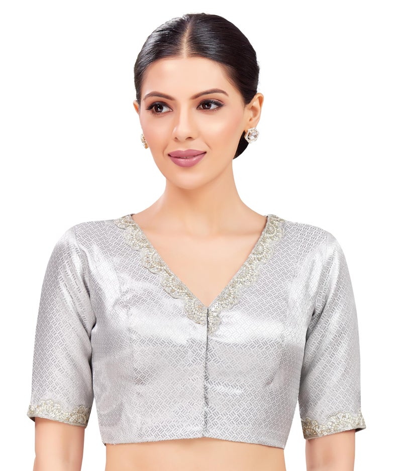 Studio Shringaar Women's Elbow Length Sleeves Brocade Embroidered V-Neck Readymade Saree Blouse (Sliver, 42) - Image 1
