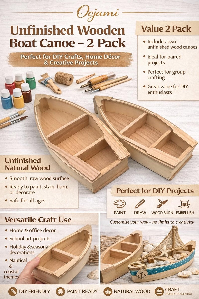 Oojami 2 Pack Unfinished Wooden Boat Canoe Craft â€“ 2 Pack Natural Wood DIY Craft Projects for Painting, Decorating, Home & Office DÃ©cor, School Art & Creative Projects - Image 3