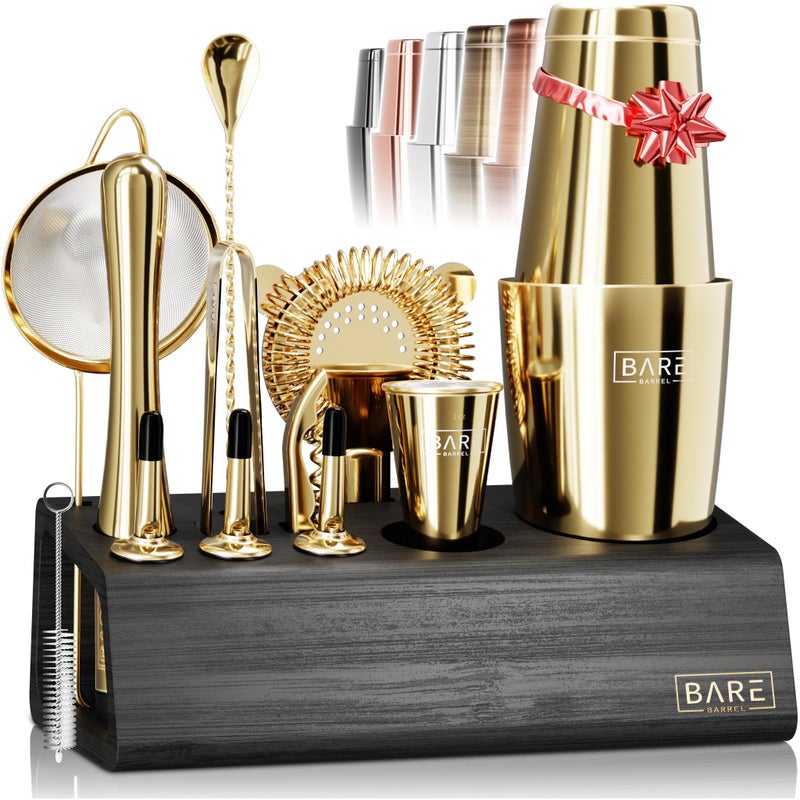 BARE BARREL Mixology Bartender Kit Bar Set 14Piece Cocktail Shaker Set Martini Barware Mixing Tools for Home Bartending Incl 35 Recipe Cards Gift Set 28oz Boston Shaker GoldBlack