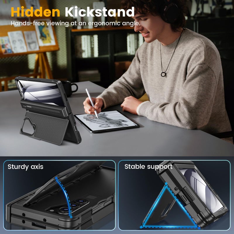 Caka for Samsung Galaxy Z Fold 5 Case 【Thinner S Pen Holder】 【Hidden Kickstand】 【Hinge Protection】 【Screen Protector】 Full Body Hard Shockproof Phone Cover with Anti-Slip Textured for Fold5 - Black - Image 2