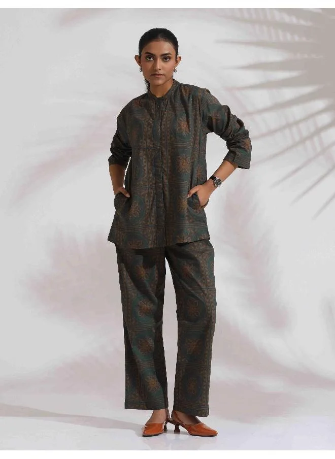 ترو برونز trueBrowns Green Cotton Print Shirt Top & Pants Co-ord Set