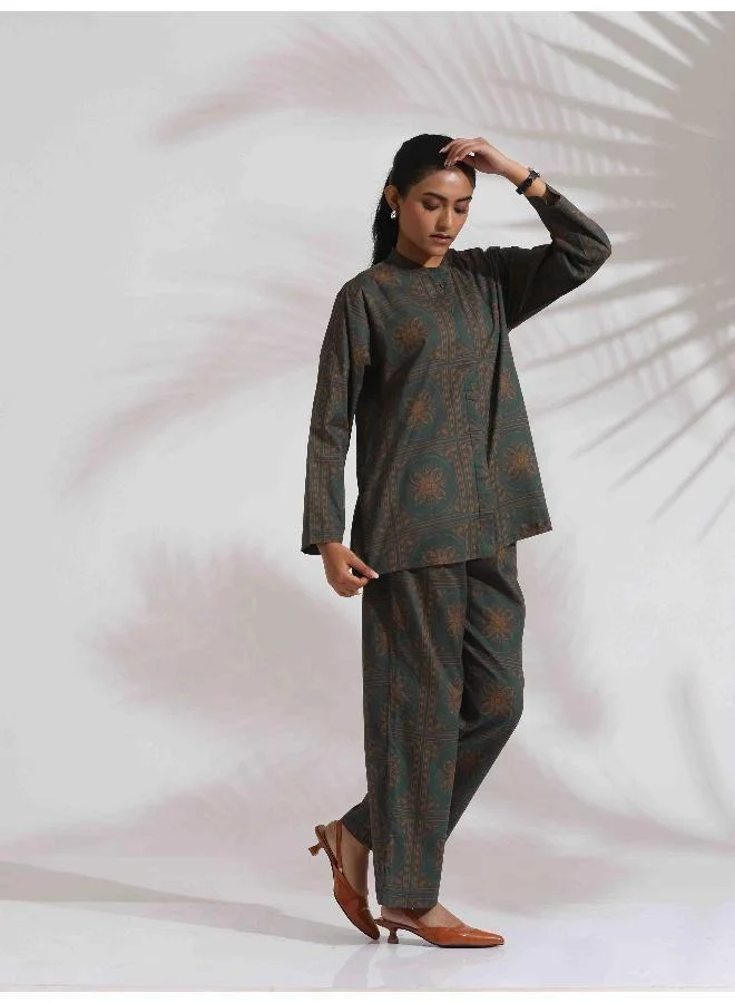trueBrowns trueBrowns Green Cotton Print Shirt Top & Pants Co-ord Set