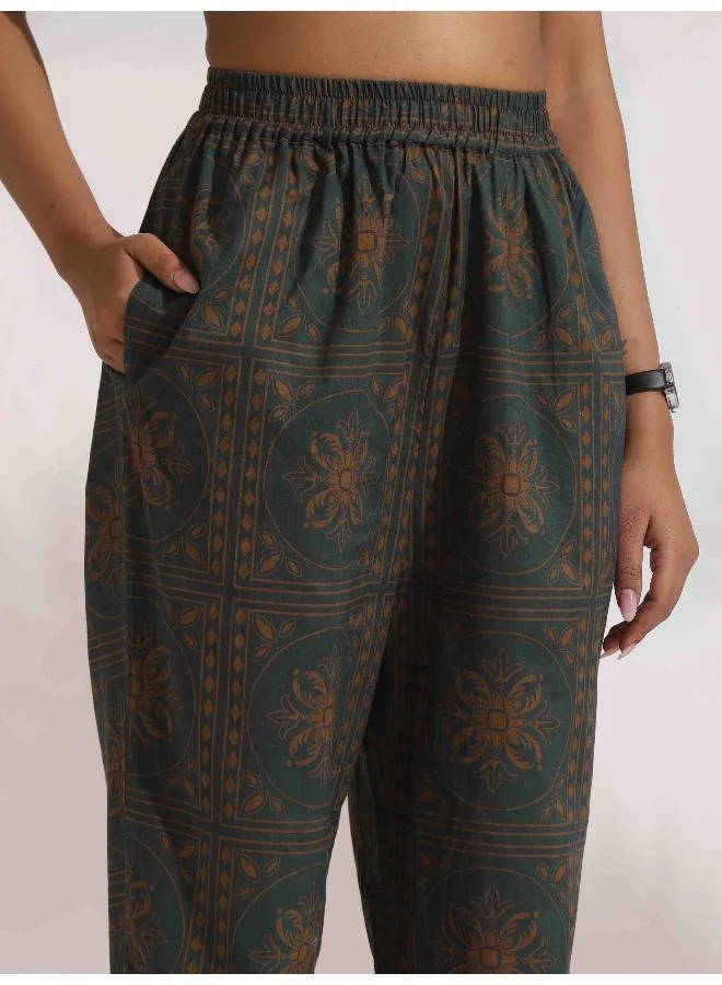 trueBrowns trueBrowns Green Cotton Print Shirt Top & Pants Co-ord Set