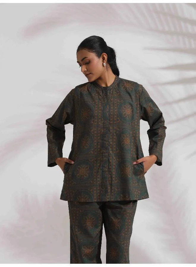 ترو برونز trueBrowns Green Cotton Print Shirt Top & Pants Co-ord Set