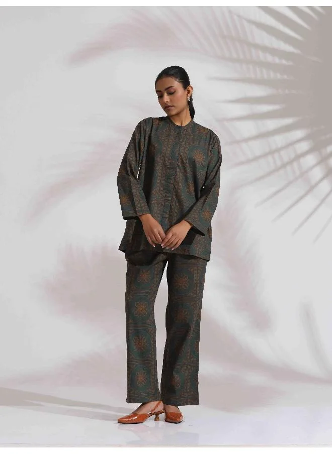 trueBrowns trueBrowns Green Cotton Print Shirt Top & Pants Co-ord Set