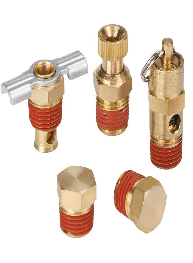 Hromee 5 Piece 1/4 Inch Compressor Air Tank Port Fittings Drain Valve Kit with Solid Brass Hex Head Plugs Winged Style and Twist Style Petcock 140 PSI Safety Valve - Image 1