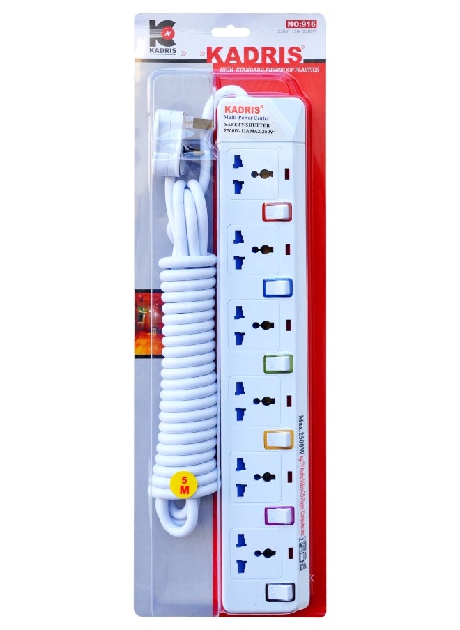 KADRIS - Power Strips 916 Heavy Duty Extension Cord with 6 way Outlets with individual switch, Charging Socket with 5 meter Heat resistant  Extension Cord (White) - Image 1