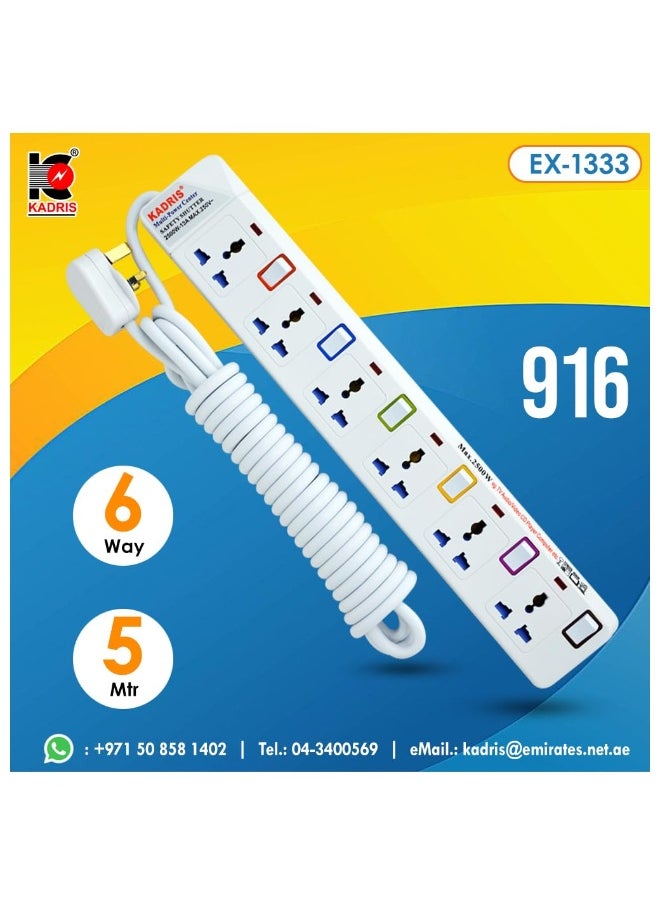 KADRIS - Power Strips 916 Heavy Duty Extension Cord with 6 way Outlets with individual switch, Charging Socket with 5 meter Heat resistant  Extension Cord (White) - Image 1
