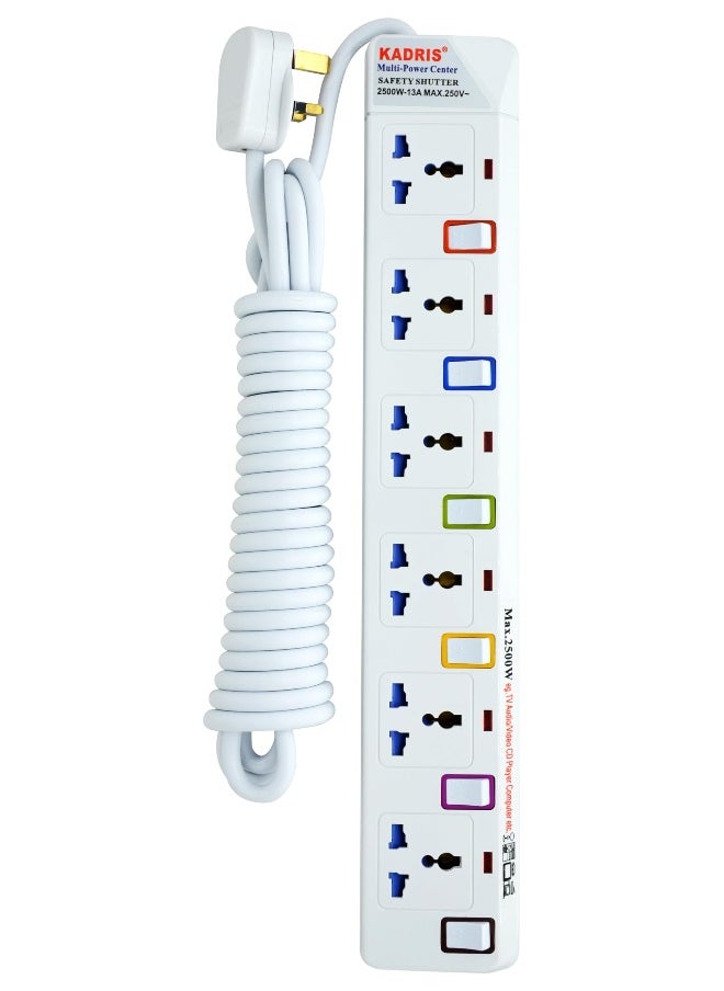 KADRIS - Power Strips 916 Heavy Duty Extension Cord with 6 way Outlets with individual switch, Charging Socket with 5 meter Heat resistant  Extension Cord (White) - Image 1
