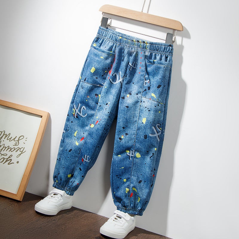 Children'S Pants Summer Imitation Cotton Jeans Boys And Girls Baby Pocket Ankle Pants For Outer Wear Anti-Mosquito Pants Tide Children'S Wear - Image 1