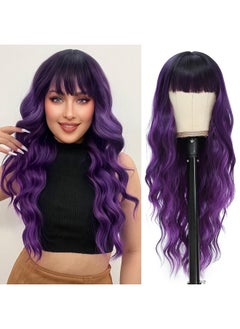 NAYOO Ayoo Long Purple Wigs With Bangs For Women Curly Wavy Hair Wigs Heat Resistant Synthetic Fiber Wigs For Daily Party Use 26 Inches (Ombre Purple)  - Image 1
