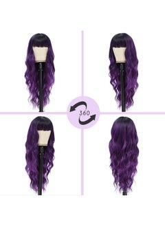 NAYOO Ayoo Long Purple Wigs With Bangs For Women Curly Wavy Hair Wigs Heat Resistant Synthetic Fiber Wigs For Daily Party Use 26 Inches (Ombre Purple)  - Image 3