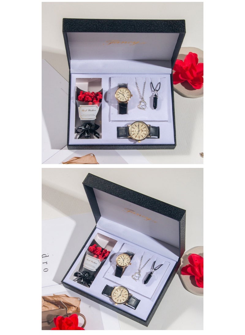 OLUDENIZ Luxury Couple Gift Box Set – His & Hers Watches with Necklace, Pendant & Dried Flower Bouquet – Elegant Romantic Gift for Anniversary, Valentine's Day & Special Occasions - Image 3