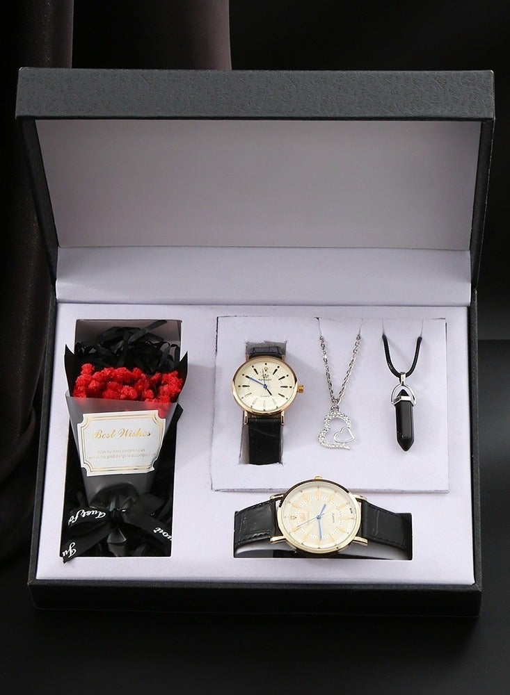 OLUDENIZ Luxury Couple Gift Box Set – His & Hers Watches with Necklace, Pendant & Dried Flower Bouquet – Elegant Romantic Gift for Anniversary, Valentine's Day & Special Occasions - Image 1