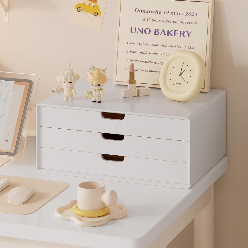 LitaEther Desk Organizer with 3 Drawers, ALEX Drawer Unit, Chic White Wood Cosmetic Makeup Organizer for Office Vanity Tabletop Storage 13.8"X 6"X10.2" - Image 3