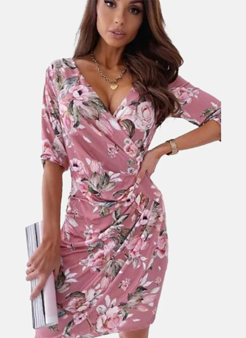 يونيكي Pink Floral Printed Sheath Midi Dress