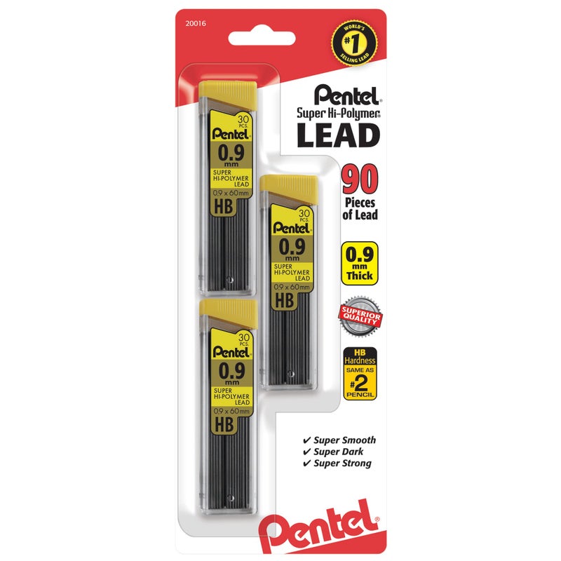 Pentel® Super Hi-Polymer® Leads, 0.9 mm, HB, 30 Leads Per Tube, Pack Of 3 Tubes - Image 1