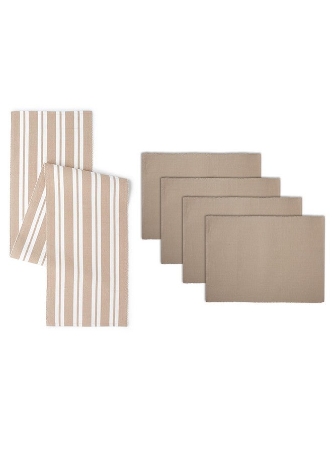 Encasa XO Table Runner And Placemats Set 4 | Fine Ribbed Cotton | Franca Beige | 1 Table Runner Size 32X150 Cm & Each Table Mat Size 48X32 Cm, Medium - Image 1