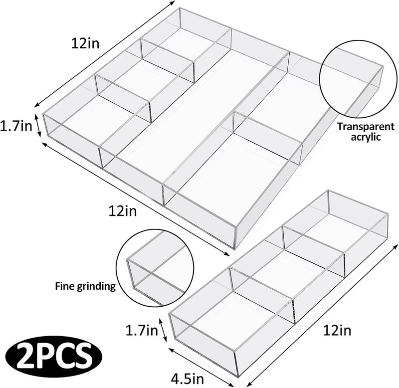 Chunful Clear Drawer Organizer 2 Pieces 6 Section Clear Desk Organizer with Dividers 3 Section Acrylic Makeup Tray Divided Clear Drawer Inserts Sectioned Organizer Tray Makeup Organizer Drawers Storage - Image 2