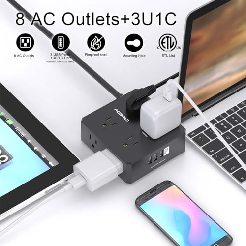 POWRUI Surge Protector Power Strip - 10 Ft Flat Plug Extension Cord with 8 Widely Outlets and 4 USB Ports(1 USB C), 3 Side Outlet Extender for Home Office, Black, ETL Listed - Image 2