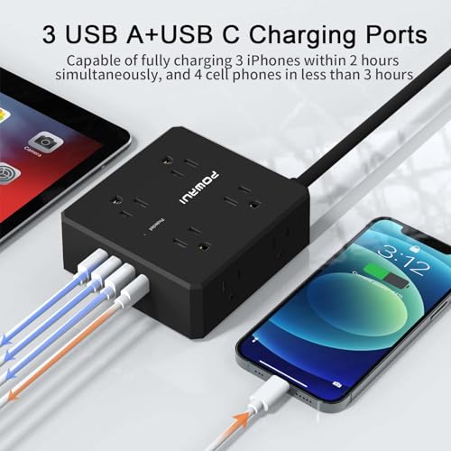 POWRUI Surge Protector Power Strip - 10 Ft Flat Plug Extension Cord with 8 Widely Outlets and 4 USB Ports(1 USB C), 3 Side Outlet Extender for Home Office, Black, ETL Listed - Image 3