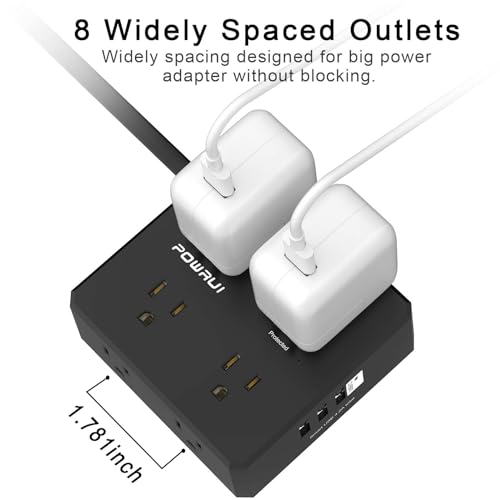 POWRUI Surge Protector Power Strip - 10 Ft Flat Plug Extension Cord with 8 Widely Outlets and 4 USB Ports(1 USB C), 3 Side Outlet Extender for Home Office, Black, ETL Listed - Image 5