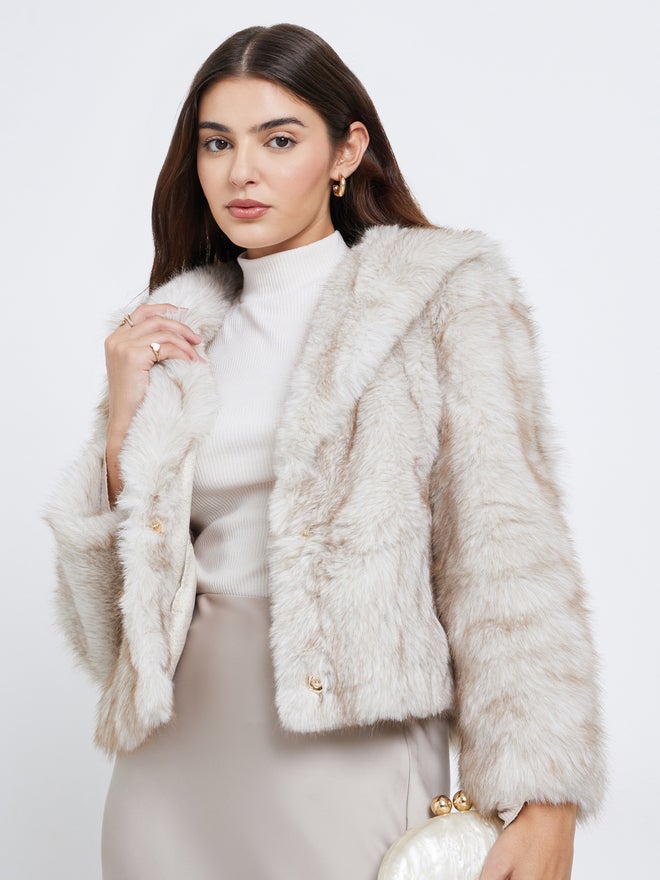 Styli Women Off White Regular Fit Cropped Faux Fur Jacket - Image 1
