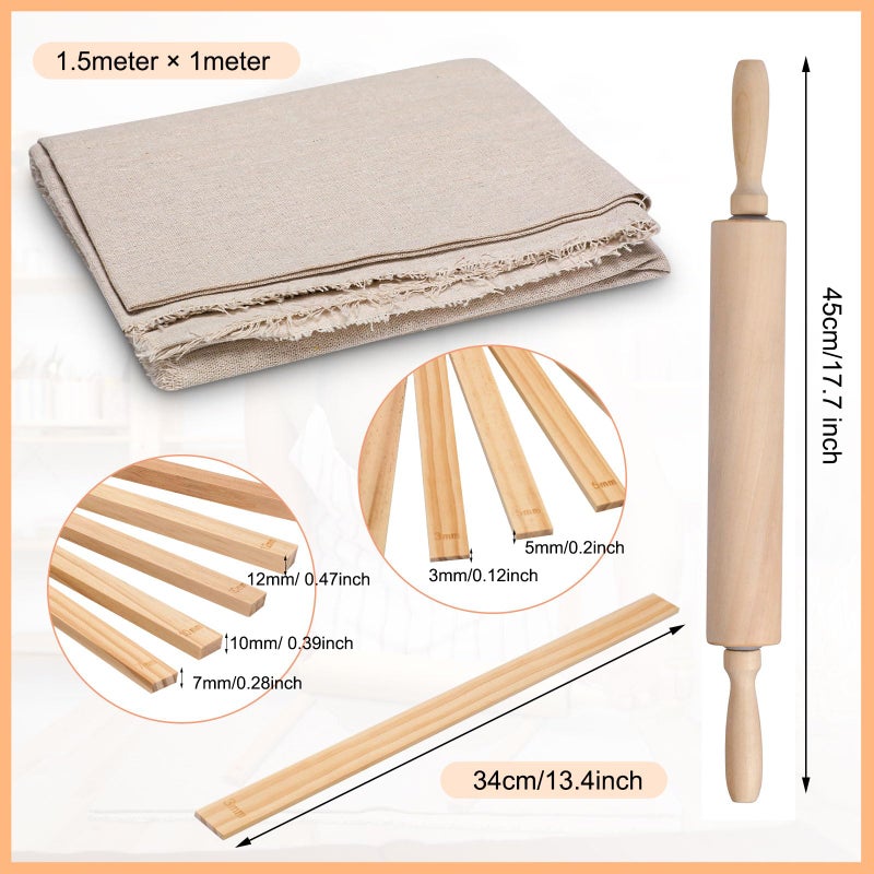Newtay 12 Pcs Pottery Tools Include 1 Wood Rolling Pin Sculpting Polymer Clay Tools 1 Portable Pottery Wedging Board/Linen Tablecloth and 10 Pcs 5 Size Teaching Rolling Mud Stick Guide (Tablecloth) - Image 2