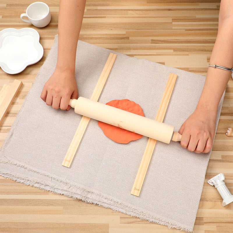 Newtay 12 Pcs Pottery Tools Include 1 Wood Rolling Pin Sculpting Polymer Clay Tools 1 Portable Pottery Wedging Board/Linen Tablecloth and 10 Pcs 5 Size Teaching Rolling Mud Stick Guide (Tablecloth) - Image 4
