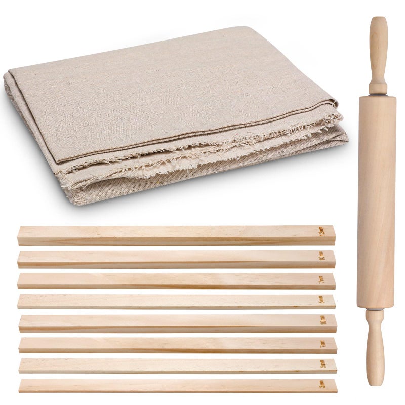 Newtay 12 Pcs Pottery Tools Include 1 Wood Rolling Pin Sculpting Polymer Clay Tools 1 Portable Pottery Wedging Board/Linen Tablecloth and 10 Pcs 5 Size Teaching Rolling Mud Stick Guide (Tablecloth) - Image 1