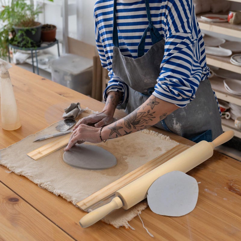 Newtay 12 Pcs Pottery Tools Include 1 Wood Rolling Pin Sculpting Polymer Clay Tools 1 Portable Pottery Wedging Board/Linen Tablecloth and 10 Pcs 5 Size Teaching Rolling Mud Stick Guide (Tablecloth) - Image 3